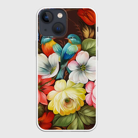 Чехол для iPhone 13 mini с принтом Две птички и цветы в Новосибирске,  |  | декоративная роспись | живопись | жостово | жостовская роспись | птицы | розы | цветы