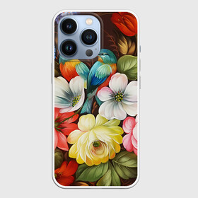 Чехол для iPhone 13 Pro с принтом Две птички и цветы в Новосибирске,  |  | декоративная роспись | живопись | жостово | жостовская роспись | птицы | розы | цветы