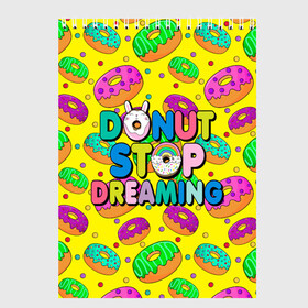 Скетчбук с принтом DONUTS в Новосибирске, 100% бумага
 | 48 листов, плотность листов — 100 г/м2, плотность картонной обложки — 250 г/м2. Листы скреплены сверху удобной пружинной спиралью | Тематика изображения на принте: candys | children | donut | dreaming | food | rainbow | stop | вкусняшки | детские | еда | желтый | крем | мечты | надписи | пончики | сладости | текстуры