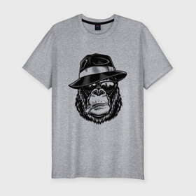 Мужская футболка хлопок Slim с принтом Gorilla в Новосибирске, 92% хлопок, 8% лайкра | приталенный силуэт, круглый вырез ворота, длина до линии бедра, короткий рукав | горилла | обезьяна | очки | шляпа