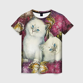 Женская футболка 3D с принтом Два котенка в Новосибирске, 100% полиэфир ( синтетическое хлопкоподобное полотно) | прямой крой, круглый вырез горловины, длина до линии бедер | декоративная роспись | живопись | жостово | жостовская роспись | кошки