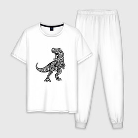 Мужская пижама хлопок с принтом Тираннозавр узор Мандала в Новосибирске, 100% хлопок | брюки и футболка прямого кроя, без карманов, на брюках мягкая резинка на поясе и по низу штанин
 | Тематика изображения на принте: art | ethnic | grunge | mandala | pattern | pop culture | rex | science | t rex | tribal | tyrannosaurus rex | vintage | арт | вензеля | винтаж | гранж | динозавр | наука | паттерн | популярная культура | теропод | ти рекс | тиранозавр | тирекс | хищник |