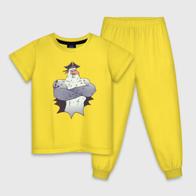 Детская пижама хлопок с принтом Чайка Пират - Seagull Pirate в Новосибирске, 100% хлопок |  брюки и футболка прямого кроя, без карманов, на брюках мягкая резинка на поясе и по низу штанин
 | Тематика изображения на принте: fish | funny | humor | muscles | sailor | sea wolf | tattoo | бб | бодибилдинг | ест рыбу | качок | морской волк | моряк | мускулы | на абордаж | накаченная птица | пиратский рисунок | повязка | прикол | рыба | татуировка