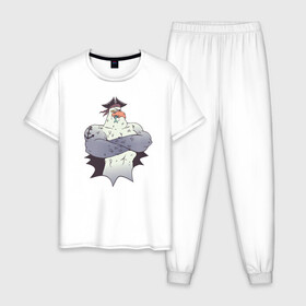 Мужская пижама хлопок с принтом Чайка Пират - Seagull Pirate в Новосибирске, 100% хлопок | брюки и футболка прямого кроя, без карманов, на брюках мягкая резинка на поясе и по низу штанин
 | fish | funny | humor | muscles | sailor | sea wolf | tattoo | бб | бодибилдинг | ест рыбу | качок | морской волк | моряк | мускулы | на абордаж | накаченная птица | пиратский рисунок | повязка | прикол | рыба | татуировка