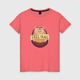 Женская футболка хлопок с принтом Бесплатные обнимашки Free Hugs в Новосибирске, 100% хлопок | прямой крой, круглый вырез горловины, длина до линии бедер, слегка спущенное плечо | animal | animals | cute | hedgehog | kawaii | smile | ежи | ёжик | ёжик улыбается | ёжики | животные | колючки | люблю обниматься | люблю обнимашки | милота | милый ёжик | объятия | розовые лапки | смешной ёжик | табличка