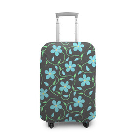 Чехол для чемодана 3D с принтом Цветочный узор на темном фоне в Новосибирске, 86% полиэфир, 14% спандекс | двустороннее нанесение принта, прорези для ручек и колес | бутон | бутоны | голубые цветы | листья | синие цветы | узор | цветок | цветы | цветы на тёмном фоне