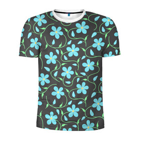 Мужская футболка 3D спортивная с принтом Цветочный узор на темном фоне в Новосибирске, 100% полиэстер с улучшенными характеристиками | приталенный силуэт, круглая горловина, широкие плечи, сужается к линии бедра | бутон | бутоны | голубые цветы | листья | синие цветы | узор | цветок | цветы | цветы на тёмном фоне