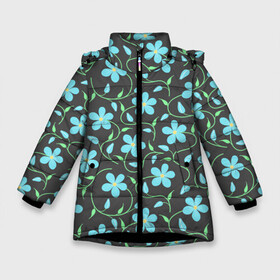 Зимняя куртка для девочек 3D с принтом Цветочный узор на темном фоне в Новосибирске, ткань верха — 100% полиэстер; подклад — 100% полиэстер, утеплитель — 100% полиэстер. | длина ниже бедра, удлиненная спинка, воротник стойка и отстегивающийся капюшон. Есть боковые карманы с листочкой на кнопках, утяжки по низу изделия и внутренний карман на молнии. 

Предусмотрены светоотражающий принт на спинке, радужный светоотражающий элемент на пуллере молнии и на резинке для утяжки. | бутон | бутоны | голубые цветы | листья | синие цветы | узор | цветок | цветы | цветы на тёмном фоне
