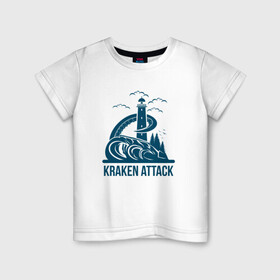 Детская футболка хлопок с принтом Атака кракена в Новосибирске, 100% хлопок | круглый вырез горловины, полуприлегающий силуэт, длина до линии бедер | king | kraken | octopus | корона | кракен | море | морские | морское | осьминог | щупальца