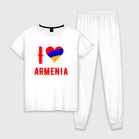 Женская пижама хлопок с принтом I Love Armenia в Новосибирске, 100% хлопок | брюки и футболка прямого кроя, без карманов, на брюках мягкая резинка на поясе и по низу штанин | Тематика изображения на принте: armenia | armenya | love | арарат | армения | армяне | армянин | арцах | горы | ереван | кавказ | любовь | народ | саркисян | сердце | ссср | страна | флаг