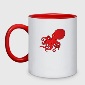 Кружка двухцветная с принтом Осьминог красный в Новосибирске, керамика | объем — 330 мл, диаметр — 80 мм. Цветная ручка и кайма сверху, в некоторых цветах — вся внутренняя часть | cute | octopus | милый | морское | осьминог | осьминожка | паттерн | тентакли | щупальца