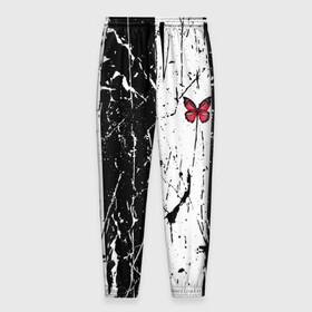 Мужские брюки 3D с принтом ЧБ ГРАНЖ RED BUTTERFLY (Z) в Новосибирске, 100% полиэстер | манжеты по низу, эластичный пояс регулируется шнурком, по бокам два кармана без застежек, внутренняя часть кармана из мелкой сетки | Тематика изображения на принте: abstract | geometry | geometry stripes | grunge | red butterfly | texture | абстракция | бабочка | брызги | геометрические полосы | геометрия | гранж | краска | красная бабочка | потертости | текстура