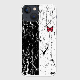 Чехол для iPhone 13 mini с принтом ЧБ ГРАНЖ | RED BUTTERFLY (Z) в Новосибирске,  |  | Тематика изображения на принте: abstract | geometry | geometry stripes | grunge | red butterfly | texture | абстракция | бабочка | брызги | геометрические полосы | геометрия | гранж | краска | красная бабочка | потертости | текстура