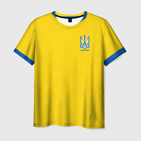 Мужская футболка 3D+ с принтом Украина домашняя форма в Новосибирске, 100% микрофибра | круглый вырез горловины, длина до линии бедер | champion | championship | euro | uefa | ukraine | атрибутика | домашняя | евро | уефа | украина | фанатская | форма | футбол | чемпион европы