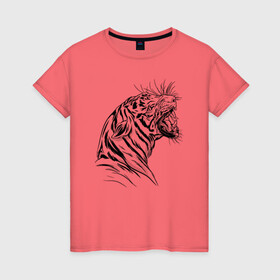 Женская футболка хлопок с принтом Чёрно белый рисунок тигра в Новосибирске, 100% хлопок | прямой крой, круглый вырез горловины, длина до линии бедер, слегка спущенное плечо | art | black and white | hunter | pantera | panthera | predator | russian tiger | tiger | амурский тигр | большая киса | большая кошка | иллюстрация | красная книга | охотник | пантера | полосатый тигр | русский тигр | рык