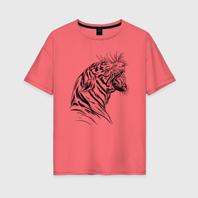Женская футболка хлопок Oversize с принтом Чёрно белый рисунок тигра в Новосибирске, 100% хлопок | свободный крой, круглый ворот, спущенный рукав, длина до линии бедер
 | art | black and white | hunter | pantera | panthera | predator | russian tiger | tiger | амурский тигр | большая киса | большая кошка | иллюстрация | красная книга | охотник | пантера | полосатый тигр | русский тигр | рык
