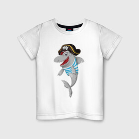Детская футболка хлопок с принтом Акула пират в матроске в Новосибирске, 100% хлопок | круглый вырез горловины, полуприлегающий силуэт, длина до линии бедер | Тематика изображения на принте: shark | акула | акулы | жители | клыки | море | морские | океан | рыба