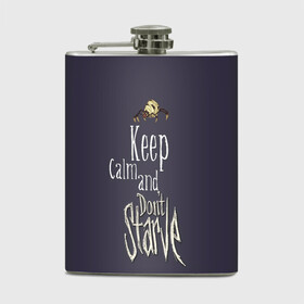 Фляга с принтом Keep clam and dont starve в Новосибирске, металлический корпус | емкость 0,22 л, размер 125 х 94 мм. Виниловая наклейка запечатывается полностью | animation | dont starve | dont starve together | game | games | mult | survive | выживалка | выживание | донт старв | игра | игры | мульт | не голодай | не голодайка