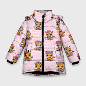 Зимняя куртка для девочек 3D с принтом Милые маленькие тигрицы в Новосибирске, ткань верха — 100% полиэстер; подклад — 100% полиэстер, утеплитель — 100% полиэстер. | длина ниже бедра, удлиненная спинка, воротник стойка и отстегивающийся капюшон. Есть боковые карманы с листочкой на кнопках, утяжки по низу изделия и внутренний карман на молнии. 

Предусмотрены светоотражающий принт на спинке, радужный светоотражающий элемент на пуллере молнии и на резинке для утяжки. | девочка | милашка | милая | тигр | тигренок | тигрица
