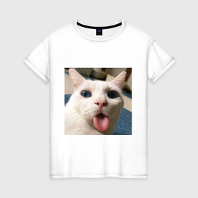Женская футболка хлопок с принтом Мем про кота в Новосибирске, 100% хлопок | прямой крой, круглый вырез горловины, длина до линии бедер, слегка спущенное плечо | белый киса | кашель | кот | мем | мерзость | милый | прикол | эмоции