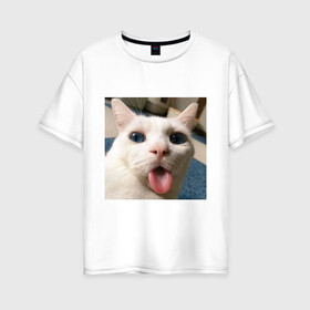 Женская футболка хлопок Oversize с принтом Мем про кота в Новосибирске, 100% хлопок | свободный крой, круглый ворот, спущенный рукав, длина до линии бедер
 | Тематика изображения на принте: белый киса | кашель | кот | мем | мерзость | милый | прикол | эмоции