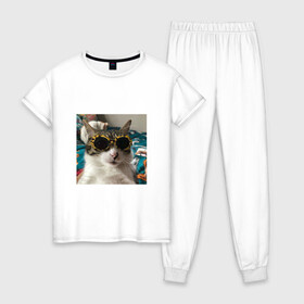 Женская пижама хлопок с принтом Мем про кота в Новосибирске, 100% хлопок | брюки и футболка прямого кроя, без карманов, на брюках мягкая резинка на поясе и по низу штанин | в очках | киса селфи | кот | мем | милый | прикол