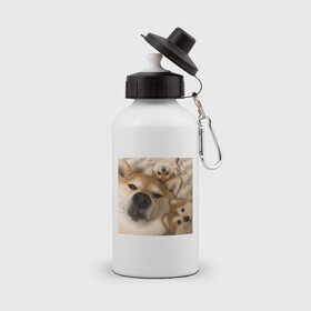 Бутылка спортивная с принтом Мем про собак в Новосибирске, металл | емкость — 500 мл, в комплекте две пластиковые крышки и карабин для крепления | Тематика изображения на принте: белый | игрушки мягкие | мем | милый | прикол | сиба ину | собака