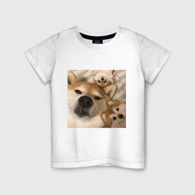 Детская футболка хлопок с принтом Мем про собак в Новосибирске, 100% хлопок | круглый вырез горловины, полуприлегающий силуэт, длина до линии бедер | Тематика изображения на принте: белый | игрушки мягкие | мем | милый | прикол | сиба ину | собака