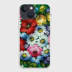 Чехол для iPhone 13 mini с принтом Ромашки на зеленом фоне в Новосибирске,  |  | декоративная роспись | живопись | жостово | жостовская роспись | ромашки | цветы