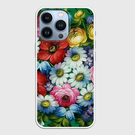 Чехол для iPhone 13 Pro с принтом Ромашки на зеленом фоне в Новосибирске,  |  | декоративная роспись | живопись | жостово | жостовская роспись | ромашки | цветы
