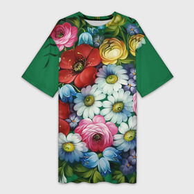 Платье-футболка 3D с принтом Ромашки на зеленом фоне в Новосибирске,  |  | декоративная роспись | живопись | жостово | жостовская роспись | ромашки | цветы