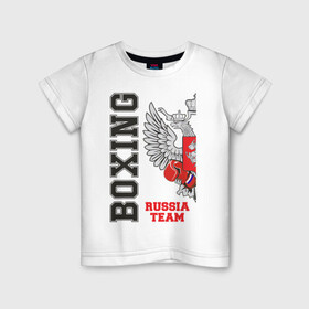 Детская футболка хлопок с принтом Boxing Russia (двухсторонняя) в Новосибирске, 100% хлопок | круглый вырез горловины, полуприлегающий силуэт, длина до линии бедер | Тематика изображения на принте: boxer | boxing | russia team | бокс | боксер | сборная россии | тайский бокс