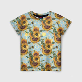 Детская футболка 3D с принтом Подсолнухи и пчёлы на голубом в Новосибирске, 100% гипоаллергенный полиэфир | прямой крой, круглый вырез горловины, длина до линии бедер, чуть спущенное плечо, ткань немного тянется | bee | bees | blue sky | fashion | flowers | flowers lovers | honey | sunflower | sunflowers | букет подсолнухов | весенние подсолнухи | голубое небо | жёлтые подсолнухи | летние подсолнухи | летние цветы | мёд | медовые соты