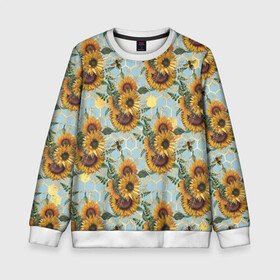Детский свитшот 3D с принтом Подсолнухи и пчёлы на голубом в Новосибирске, 100% полиэстер | свободная посадка, прямой крой, мягкая тканевая резинка на рукавах и понизу свитшота | bee | bees | blue sky | fashion | flowers | flowers lovers | honey | sunflower | sunflowers | букет подсолнухов | весенние подсолнухи | голубое небо | жёлтые подсолнухи | летние подсолнухи | летние цветы | мёд | медовые соты