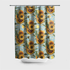 Штора 3D для ванной с принтом Подсолнухи и пчёлы на голубом в Новосибирске, 100% полиэстер | плотность материала — 100 г/м2. Стандартный размер — 146 см х 180 см. По верхнему краю — пластиковые люверсы для креплений. В комплекте 10 пластиковых колец | bee | bees | blue sky | fashion | flowers | flowers lovers | honey | sunflower | sunflowers | букет подсолнухов | весенние подсолнухи | голубое небо | жёлтые подсолнухи | летние подсолнухи | летние цветы | мёд | медовые соты