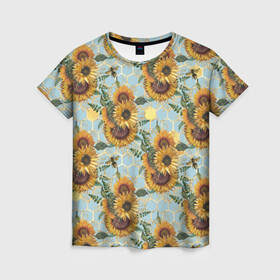 Женская футболка 3D с принтом Подсолнухи и пчёлы на голубом в Новосибирске, 100% полиэфир ( синтетическое хлопкоподобное полотно) | прямой крой, круглый вырез горловины, длина до линии бедер | bee | bees | blue sky | fashion | flowers | flowers lovers | honey | sunflower | sunflowers | букет подсолнухов | весенние подсолнухи | голубое небо | жёлтые подсолнухи | летние подсолнухи | летние цветы | мёд | медовые соты