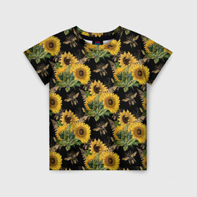 Детская футболка 3D с принтом Fashion Sunflowers and bees в Новосибирске, 100% гипоаллергенный полиэфир | прямой крой, круглый вырез горловины, длина до линии бедер, чуть спущенное плечо, ткань немного тянется | black | fashion | flowers | flowers lovers | sunflower | sunflowers | букет подсолнухов | весенние подсолнухи | жёлтые подсолнухи | летние подсолнухи | летние цветы | насекомые | подсолнечник | подсолнухи
