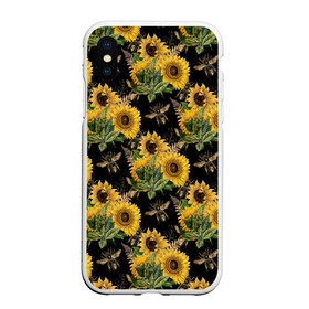 Чехол для iPhone XS Max матовый с принтом Fashion Sunflowers and bees в Новосибирске, Силикон | Область печати: задняя сторона чехла, без боковых панелей | Тематика изображения на принте: black | fashion | flowers | flowers lovers | sunflower | sunflowers | букет подсолнухов | весенние подсолнухи | жёлтые подсолнухи | летние подсолнухи | летние цветы | насекомые | подсолнечник | подсолнухи