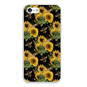 Чехол для iPhone 5/5S матовый с принтом Fashion Sunflowers and bees в Новосибирске, Силикон | Область печати: задняя сторона чехла, без боковых панелей | Тематика изображения на принте: black | fashion | flowers | flowers lovers | sunflower | sunflowers | букет подсолнухов | весенние подсолнухи | жёлтые подсолнухи | летние подсолнухи | летние цветы | насекомые | подсолнечник | подсолнухи