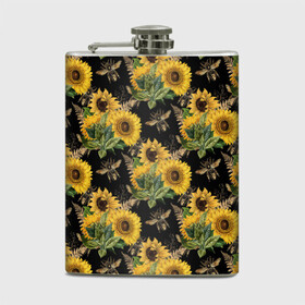 Фляга с принтом Fashion Sunflowers and bees в Новосибирске, металлический корпус | емкость 0,22 л, размер 125 х 94 мм. Виниловая наклейка запечатывается полностью | black | fashion | flowers | flowers lovers | sunflower | sunflowers | букет подсолнухов | весенние подсолнухи | жёлтые подсолнухи | летние подсолнухи | летние цветы | насекомые | подсолнечник | подсолнухи