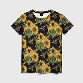 Женская футболка 3D с принтом Fashion Sunflowers and bees в Новосибирске, 100% полиэфир ( синтетическое хлопкоподобное полотно) | прямой крой, круглый вырез горловины, длина до линии бедер | black | fashion | flowers | flowers lovers | sunflower | sunflowers | букет подсолнухов | весенние подсолнухи | жёлтые подсолнухи | летние подсолнухи | летние цветы | насекомые | подсолнечник | подсолнухи