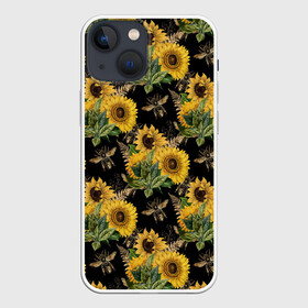 Чехол для iPhone 13 mini с принтом Fashion Sunflowers and bees в Новосибирске,  |  | black | fashion | flowers | flowers lovers | sunflower | sunflowers | букет подсолнухов | весенние подсолнухи | жёлтые подсолнухи | летние подсолнухи | летние цветы | насекомые | подсолнечник | подсолнухи