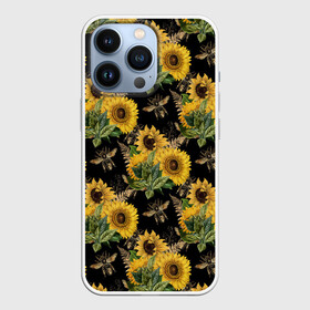 Чехол для iPhone 13 Pro с принтом Fashion Sunflowers and bees в Новосибирске,  |  | black | fashion | flowers | flowers lovers | sunflower | sunflowers | букет подсолнухов | весенние подсолнухи | жёлтые подсолнухи | летние подсолнухи | летние цветы | насекомые | подсолнечник | подсолнухи