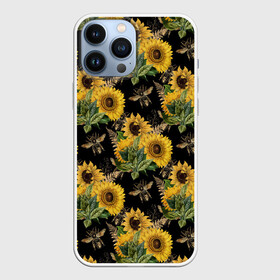 Чехол для iPhone 13 Pro Max с принтом Fashion Sunflowers and bees в Новосибирске,  |  | black | fashion | flowers | flowers lovers | sunflower | sunflowers | букет подсолнухов | весенние подсолнухи | жёлтые подсолнухи | летние подсолнухи | летние цветы | насекомые | подсолнечник | подсолнухи