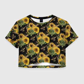 Женская футболка Crop-top 3D с принтом Fashion Sunflowers and bees в Новосибирске, 100% полиэстер | круглая горловина, длина футболки до линии талии, рукава с отворотами | black | fashion | flowers | flowers lovers | sunflower | sunflowers | букет подсолнухов | весенние подсолнухи | жёлтые подсолнухи | летние подсолнухи | летние цветы | насекомые | подсолнечник | подсолнухи