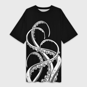 Платье-футболка 3D с принтом Octopus Black and White в Новосибирске,  |  | fish | kraken | ocean spirit | octopus | sea | summer | вода | водный мир | животные | зверь | кальмар | кракен | лето | монстр | море | морская живность | морские обитатели | осьминог | отпуск | рыба | черно белый | чуд