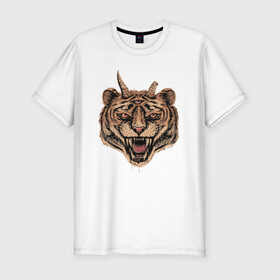 Мужская футболка хлопок Slim с принтом Evil Tiger в Новосибирске, 92% хлопок, 8% лайкра | приталенный силуэт, круглый вырез ворота, длина до линии бедра, короткий рукав | Тематика изображения на принте: животные | зло | рога | тигр | третий глаз