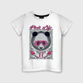 Детская футболка хлопок с принтом PINK LIFE в Новосибирске, 100% хлопок | круглый вырез горловины, полуприлегающий силуэт, длина до линии бедер | black | fashion | girl | life | panda | pink | roses | text | white | женский | жизнь | лето | мода | очки | панда | розовый | розы | стиль | узор
