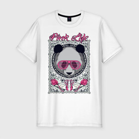 Мужская футболка хлопок Slim с принтом PINK LIFE в Новосибирске, 92% хлопок, 8% лайкра | приталенный силуэт, круглый вырез ворота, длина до линии бедра, короткий рукав | black | fashion | girl | life | panda | pink | roses | text | white | женский | жизнь | лето | мода | очки | панда | розовый | розы | стиль | узор