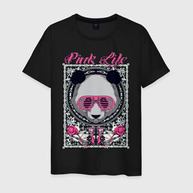 Мужская футболка хлопок с принтом PINK LIFE в Новосибирске, 100% хлопок | прямой крой, круглый вырез горловины, длина до линии бедер, слегка спущенное плечо. | black | fashion | girl | life | panda | pink | roses | text | white | женский | жизнь | лето | мода | очки | панда | розовый | розы | стиль | узор